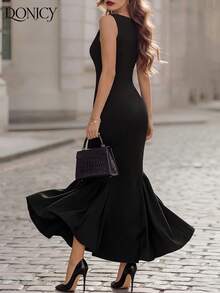 DONICY 优雅黑色V领连衣裙，女士时尚修身鱼尾裙，无袖派对晚礼服 - 黑色 - 查看 9