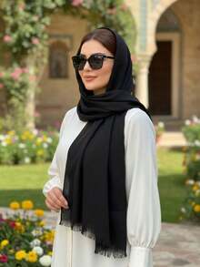 1pc New Simple Fashion Classic Versatile Soft Skin-Friendly Sunscreen Shawl, Suitable For Daily Wear, ATassel Rectangular Women Scarf, Hijab, - 黑色 - 查看 12