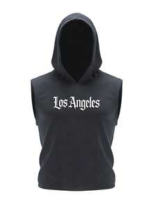 洛杉矶城市雄狮图案无袖背心，男士深灰色连帽休闲背心，复古字体印花设计，透气舒适夏季街头服饰 - 灰色 - 查看 6