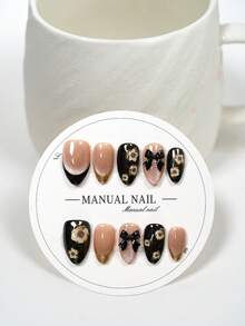 JUTI 10Pcs 100% Handmade Short Almond Glossy Press On Nails, Nude Cat Eye Gold French Tips Decorated With 3D Black Bow And Vintage White Floral Ornaments, Stylish Gorgeous Fake Nails.Set Comes With 1 Nail File And Jelly Gel. - Multicolor - View 3