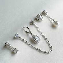 6件套精致星爆心形珍珠耳环套装，独特设计链式耳环，夏季必备 - 白色 - 查看 3