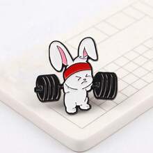 Cute Fitness Bunny Brooch, Barbell Enamel Pin, Fitness Lover Backpack Accessory, Adorable Barbell Bunny Funny Sports Style Pin - Black - View 4