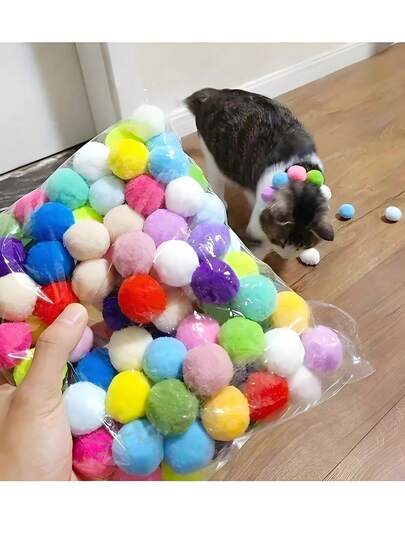 200pcs Cat Toys Plush Balls, Pet Kitten Interactive Toys, Beginner Training Supplies, Including Mini Plush Balls, Elastic Plush Balls, And More!