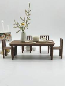 Mesa de Jantar Miniatura de Plástico Impressa em 3D, Decoração de Móveis de Micro Casa de Bonecas, Acessórios Modelo Miniatura para Casa, Adereços de Cena de Restaurante de Casa de Bonecas, Mesa Pequena, Cadeira com Encosto, Vaso, Modelos de Móveis em Micro Escala, Adereços de Fotografia de Micro Cena - Mesa de nogueira - Visão 3