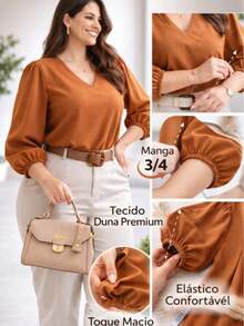 Women's Blouse With 3/4 Sleeves, Crepe Fabric, Duna Style, Elegant, Workwear, Plus Size (GG, G1, G2, G3), Evangelical Fashion - Caramel Brown - 焦糖布朗 - 查看 4