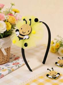 1pc Women's Bee Decorated Headband, Yellow Mesh Hair Band, Black & Yellow Fluffy Ball Decor, Cute Glitter Bee Hair Hoop, Cartoon Spring/Picnic Hair Accessory, Suitable For Teenagers - Yellow - View 5