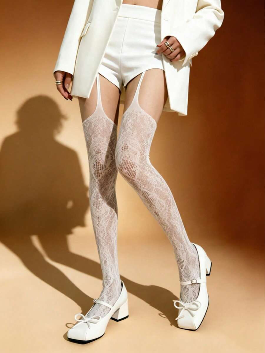 1 Pair Lace Rose Pattern Hollow Mesh Over-The-Knee Socks, Hollow Design, Suitable For Summer Daily Gatherings, Parties And Outings - White - View 1