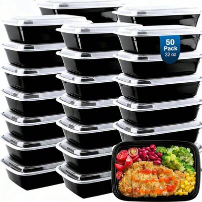 50 Pack (100-Piece) 32 Oz Meal Prep Containers Reusable With Lids, Sturdy Leakproof & Food , Microwave, Freezer, Dishwasher Prep Containers, To Go Take Out Plastic Food Storage