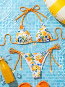 Bộ bikini buộc cổ SunTide màu cam chanh và họa tiết gạch men, phong cách nghỉ dưỡng biển Địa Trung Hải tươi mát. - Nhiều màu - Xem 6