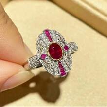 Women's Oversized Bicolor Inlaid Red Oval Zirconia Ring - Red - View 2