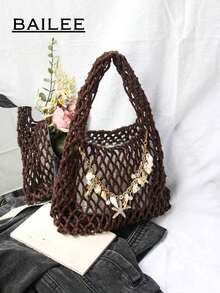 BAILEE 1 Set Polyester Crochet Mesh Bottom Multi-Color Solid Knitted Tote Bag, Quilted Pattern, Lightweight Portable Large Capacity Cute Fashion Beach Bag, Suitable Women, Young Professionals, Teachers/Girls - 咖啡 - 查看 9