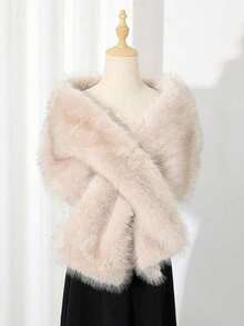1pc Faux Fur Bridal Shawl With Collar, Autumn/Winter Cape For Wedding Dress, Scarf - 雙色杏色 - 查看 2