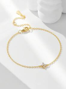 1件S925纯银四叶草手链，欧美小众奢华简约锆石吊坠链手链，女士款 - 金色 - 查看 3