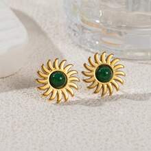1 Pair 18K Gold Plated Stainless Steel Bohemian Sunflower & Tiger Eye Stone Earrings, Vintage High-End Fashion Earrings For Women - Gold - View 4