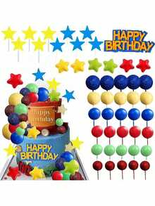 47pcs Cartoon Cake Decorating Set, Colorful Game Themed Cake Decorations, Birthday Cake Ball Decor, Colorful Star Cake Decorations, Red, Blue, Green And Yellow Color Schemes, Suitable For Cartoon Birthday Party And Baby Shower Cake Decorations - Multicolor - View 1