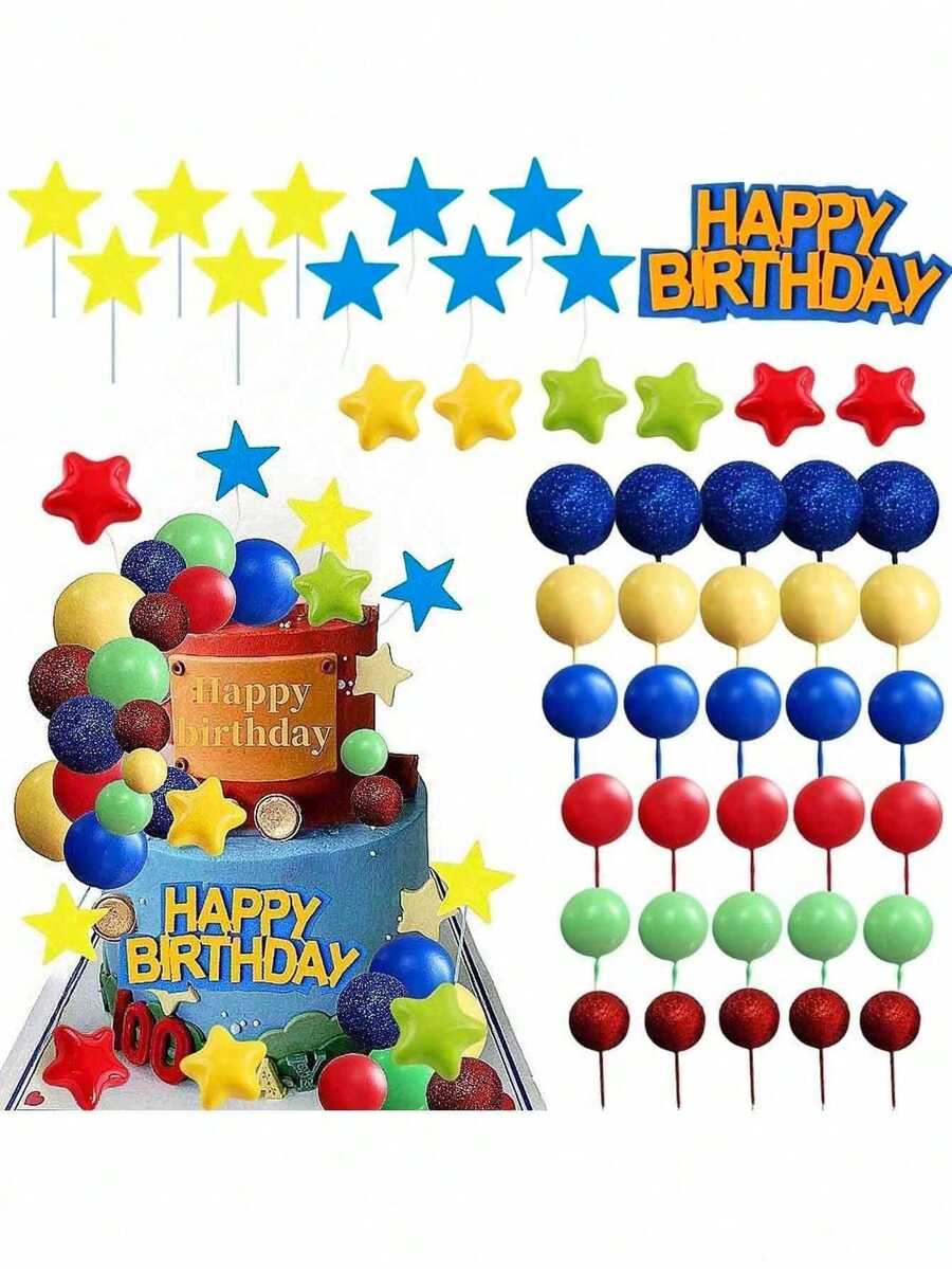 47pcs Cartoon Cake Decorating Set, Colorful Game Themed Cake Decorations, Birthday Cake Ball Decor, Colorful Star Cake Decorations, Red, Blue, Green And Yellow Color Schemes, Suitable For Cartoon Birthday Party And Baby Shower Cake Decorations - Multicolor - View 1