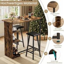 Mesa de bar pequeña 3 piezas y sillas con 3 estantes de almacenamiento, mesa comedor de cocina retro para 2, muebles de apartamento ahorro espacio con taburetes. - Tapizado en marrón - Ver 8