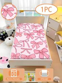 1PC 110g Pink Bowknot Fitted Sheet For Girls Bedroom, Machine Washable Cute Aesthetic Big Bow Pattern Bed Sheet For Kids Room Nursery For Kids Room, Toddler Bed, Nursery, Baby Crib And Stroller, 100% Polyester (1 Bed Sheet, No Filling Material), Bed Sheet Edge Height Of 15cm - Multicolor - View 1
