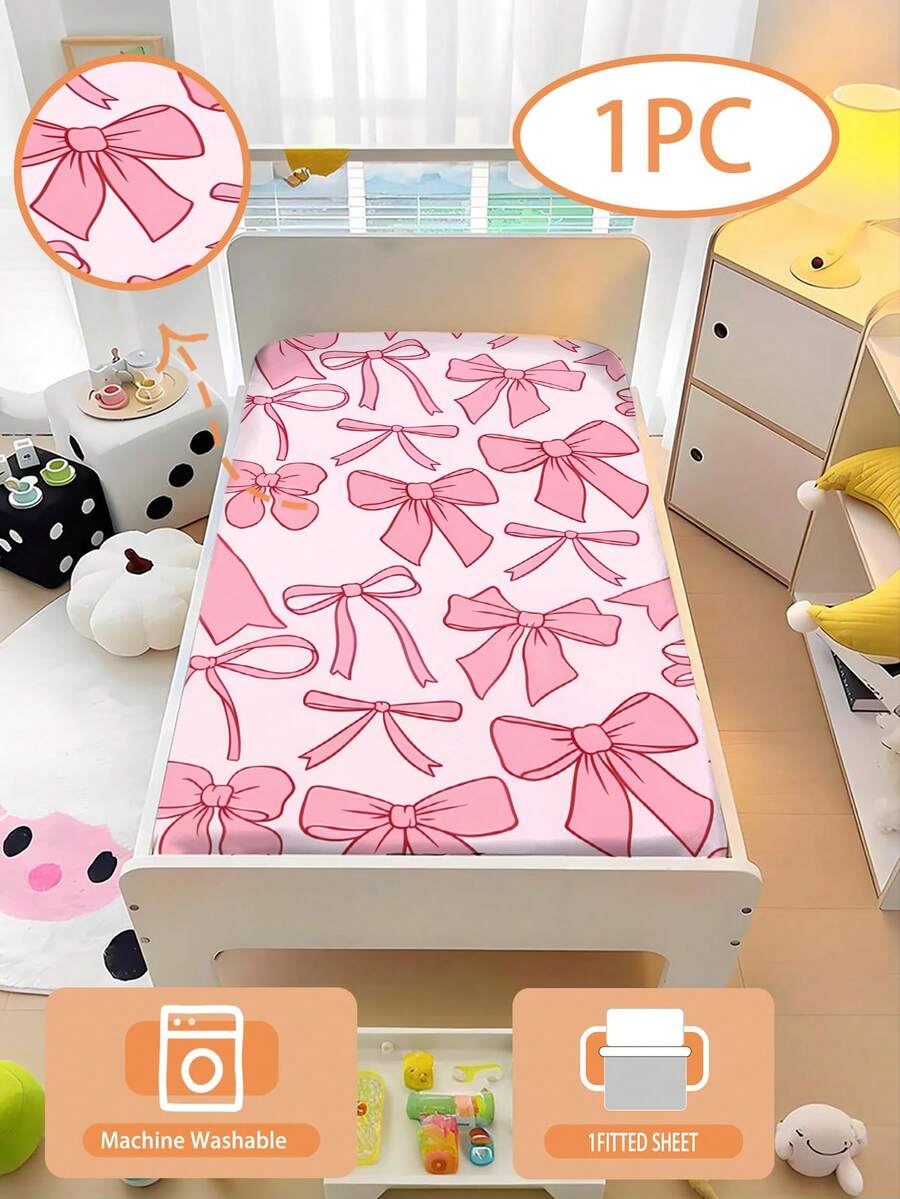 1PC 110g Pink Bowknot Fitted Sheet For Girls Bedroom, Machine Washable Cute Aesthetic Big Bow Pattern Bed Sheet For Kids Room Nursery For Kids Room, Toddler Bed, Nursery, Baby Crib And Stroller, 100% Polyester (1 Bed Sheet, No Filling Material), Bed Sheet Edge Height Of 15cm - Multicolor - View 1