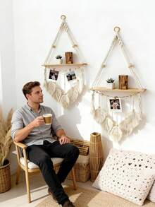 1pc Handmade Woven Leaf Tassel Plant Holder - Minimalist Home Bedroom Decor - Exquisite Design - Handcrafted Sturdy - Simple Style - View 2