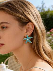 1 Set Asymmetrical Starfish Design Stainless Steel & Plastic Earrings, Fashionable & Elegant, Suitable For Women's Beach Vacation, Gathering With Friends, Or Beach Dates - Yellow Gold - View 4