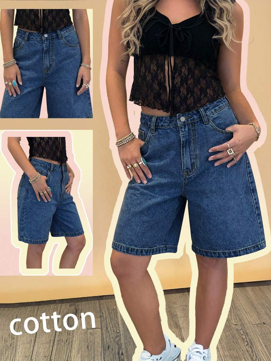 女士黑色高腰宽松休闲牛仔短裤 - 时尚百搭，适合日常穿着、外出、约会、街头风格