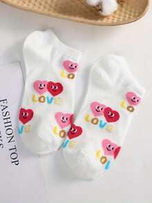 5 Pairs Heart & Letter Print Cartoon Smiling Face Shallow Mouth Socks, Breathable Thin Ankle Socks For Women, Summer - Multicolor - View 5