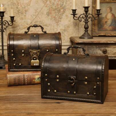 1pc Vintage Wooden Storage Box With Handle, Antique Delicate Wooden Jewelry Box, Precious Items Storage Box, Art Collection Box With Password Lock, Wooden Craft Box