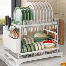 1 pieza Escurridor de platos de 2 niveles, organizador de acero al carbono negro mate resistente a la oxidación con gran capacidad, soporte para cuchillos, estante para tazas, estante para cubiertos y ranura para tabla de cortar, bandeja de goteo extraíble, adecuado para encimera, lado del fregadero, cocina pequeña, apartamento, artículo esencial para ahorrar espacio - Multicolor - Ver 2