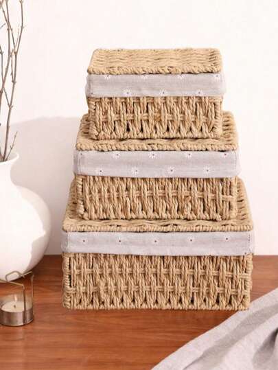 1pc/2pcs/3pcs Woven Desktop Storage Basket With Lid, Suitable For Storing Cosmetics, Keys And Snacks. Great For Living Room, Hallway, Home Decor, Craft Storage And Wedding Gift Baskets.