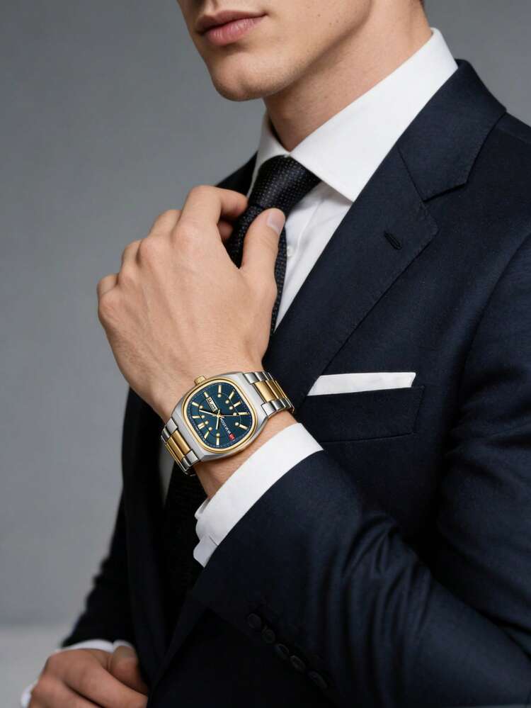 VA VA VOOM New Original Men's Watch Stainless Steel Strap Quartz Watch Rectangular Rounded Case 2.4cm Strap Width Calendar+Week Window Dual Function, Elegant Business Men's Watch-Suitable For Holiday Gift Giving - Father/Brother/Family - one-size - View 2