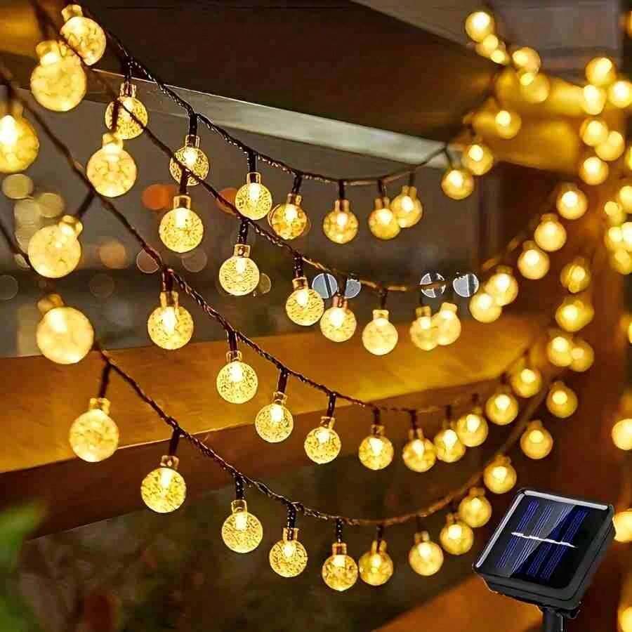 100颗LED太阳能水晶球串灯，8种灯光模式 - 暖黄色光，适用于万圣节、圣诞节、花园、庭院和派对装饰，IP44防水等级，太阳能户外装饰，20/50颗LED可选，智能灯带，非常适合酒吧帐篷和露营搭建，太阳能花园灯 - 太陽能氣泡球 - 查看 1
