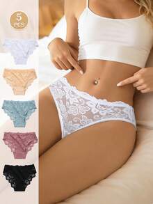 5pcs/Set Women Lace Floral Low-Waist Panties, Soft & Comfortable Ladies Underwear Sexy Basic Triangle Briefs, Minimalist Daily Wear - Multicolor - View 11
