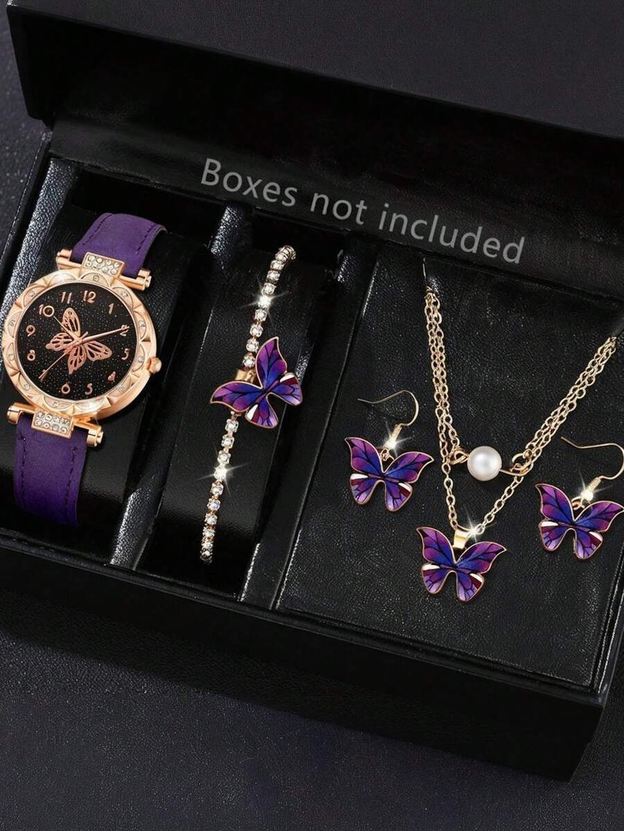 5pcs/Set Quartz Watch, Butterfly Pendant Necklace, Earrings, Bracelet Jewelry Set, Fashionable & Versatile - B - View 1