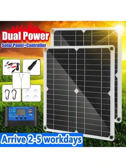 1Pc Direct Current 12V-18V Solar Panel Kit With 60A Controller USB 5V Solar Power Charger Battery Solar Plate For Power Bank Car Boat Outdoor Phone Charger