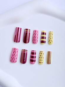 24pcs Rectangular Acrylic Nail Art Stickers - "Dopamine" Color Block Polka Dot Design With Pink, Brown And Yellow Stripes, Multipurpose Set. Reusable Detachable False Nails Suitable For Daily Wear And Parties. Includes Gel Stickers (1 Sheet) And Nail File (1 Pc) - Multicolor - View 2