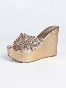 Women's Wedge Sandals, Thick Sole, Rhinestone Decor, Plus Size Fashion Slippers - Champagne - View 8