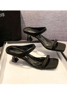 女士方头系带小猫跟凉鞋，豹纹仙女风格，夏季面料鞋面户外高跟凉鞋 - 黑色 - 查看 8