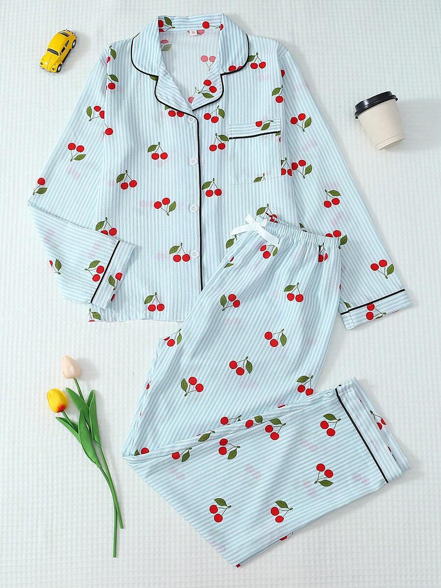 两件套条纹樱桃印花睡衣套装，甜美可爱的翻领纽扣长袖上衣和裤子，适合秋冬季居家穿着。 - 藍色 - 查看 1