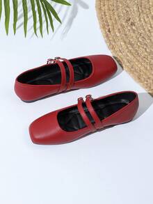 New French Breeze Flat Mary Jane Shoes, Square Toe Slip-On With Double Straps For Women - Vermillion - View 3