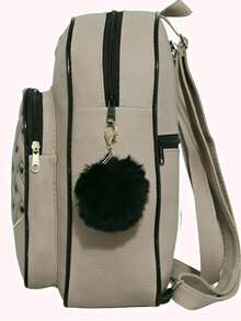 Women's Backpack, Small Bag With A Cool And Delicate Print + Pompom Keychain. - Beige - View 4