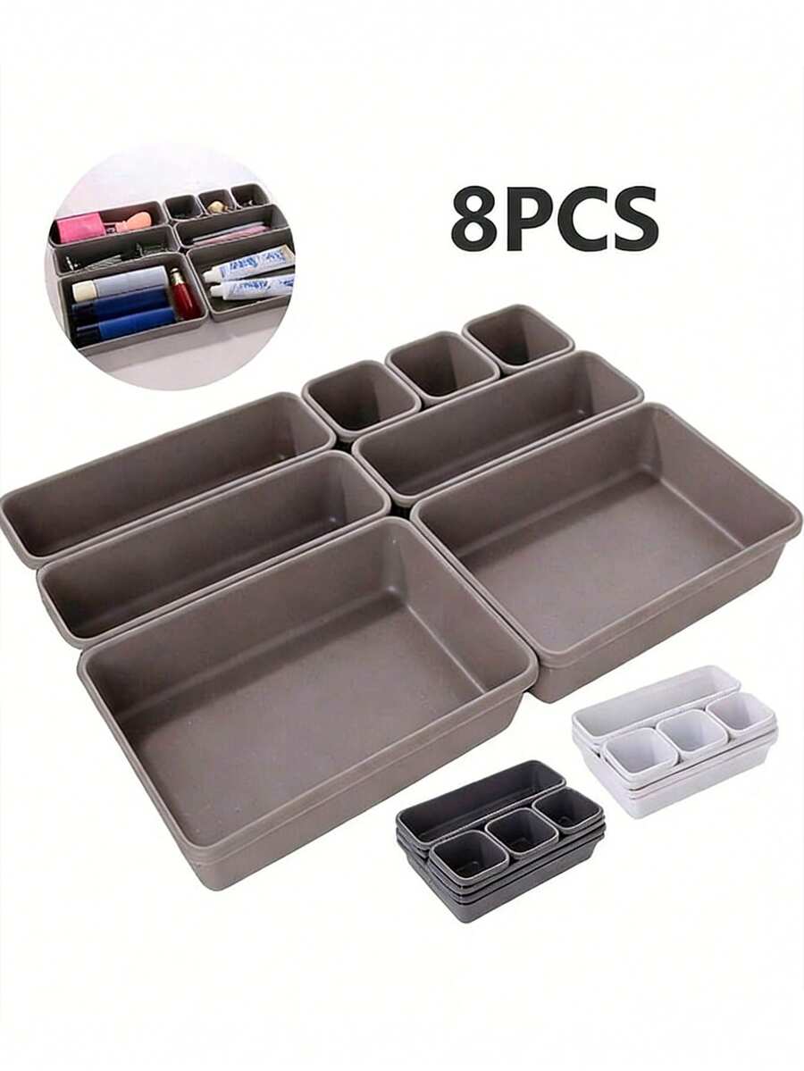 8pcs Detachable Drawer Storage Boxes, Made Of Lightweight Plastic, Can Be Disassembled And Combined, Suitable For Storing Jewelry, Stationery, Toys, Kitchen Supplies Etc. In Messy Areas Like Desktops, Kitchens, Bedrooms, Easy To Insert Design, Applicable For Office, Kitchen, Bedroom And Other Scenarios