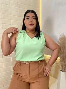 Plain Tank Top, Sleeveless Blouse, Plain Crepe Fabric, With 4 Buttons, Plus Size G1G2G3 46-52, Casual Women's - 62-酪梨綠 - 查看 3