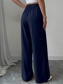 Pantalones de vestir de pierna ancha para mujer, estilo informal, holgados, estilo palazzo, de cintura alta - Azul Marino - Ver 2