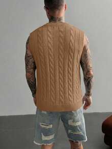 Men's V-Neck Knit Vest Solid Color Sweater, Casual Versatile Everyday Wear - Camel - View 5