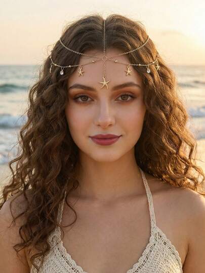 1件夏季女士时尚海星水晶头链，海洋元素头饰，适合日常、海滩、派对装饰