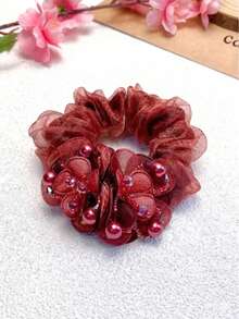 1pc Elegant Pearl Double Flower Hair Scrunchie For Women, High Stretch Oversized Floral Hair Tie Ponytail Holder, Chic Bun Maker Hair Accessories For Daily Hair Styling Travel Gatherings Leisure Commuting Photography, Spring Summer Clothing Matching Scrunchy,Holiday Hair Elastics Hair Rubber Bands Hair Rope Elastic Hair Tie - Multicolor - View 5