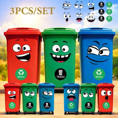 趣味卡通表情垃圾桶贴纸，防水乙烯基材质，适用于厨房垃圾桶、回收箱、浴室垃圾桶 - 可爱表情装饰，适用于家居、办公室、宿舍