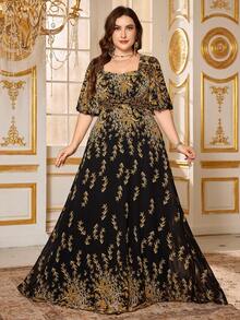 SUPGIR Plus 女士【随机裁剪】方领泡泡袖窄腰印花雪纺气质正式晚礼服 - 彩色 - 查看 4