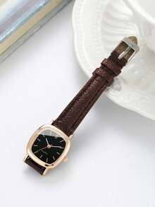 Set de 2 piezas: Reloj de pulsera de cuarzo elegante para mujer con esfera cuadrada y esfera pequeña + Pulsera con dije de corazón (Caja de reloj no incluida) - Marrón - Ver 10